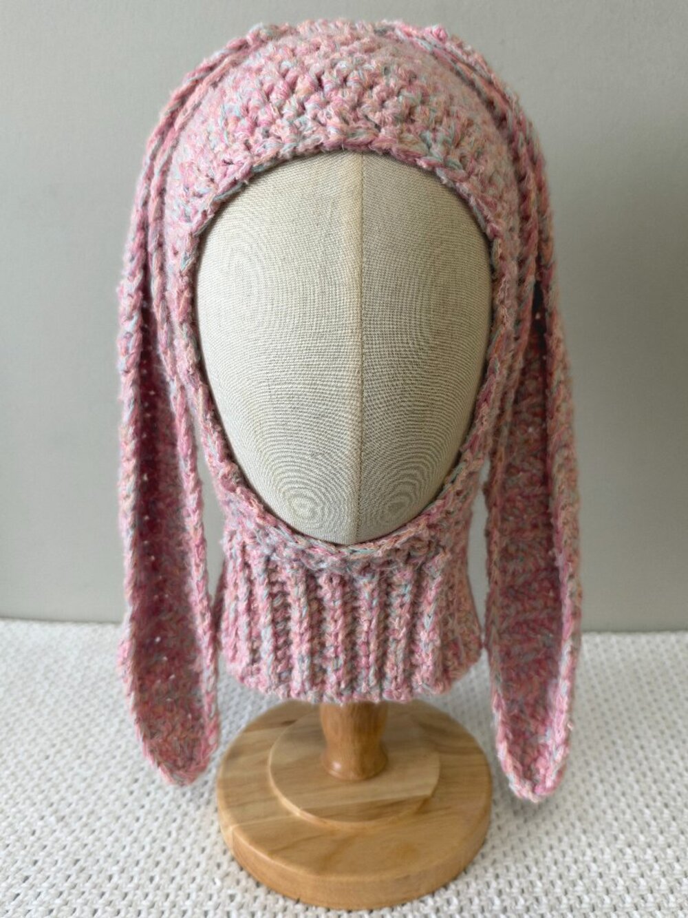 Handmade Crochet Light Pink Orange Blue Balaclava Bunny Ear Hood